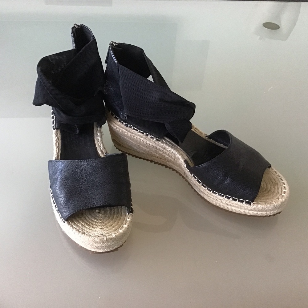 Eileen Fisher Black Leather Wiley Knot Espadrille Wedge Sandals Shoes 10 EUC